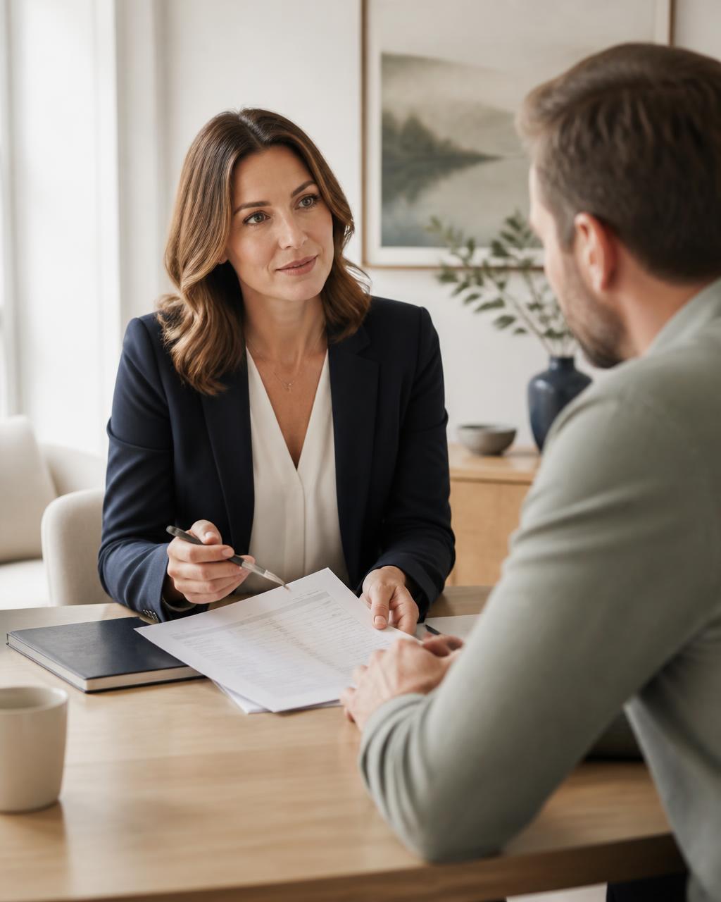 An insurance consultant reviewing coverage documents with a client at a desk